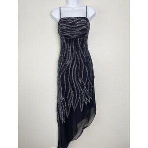 Alyce Designs vintage sequin black asymmetrical‎ sleeveless Midi dress Gown 80s